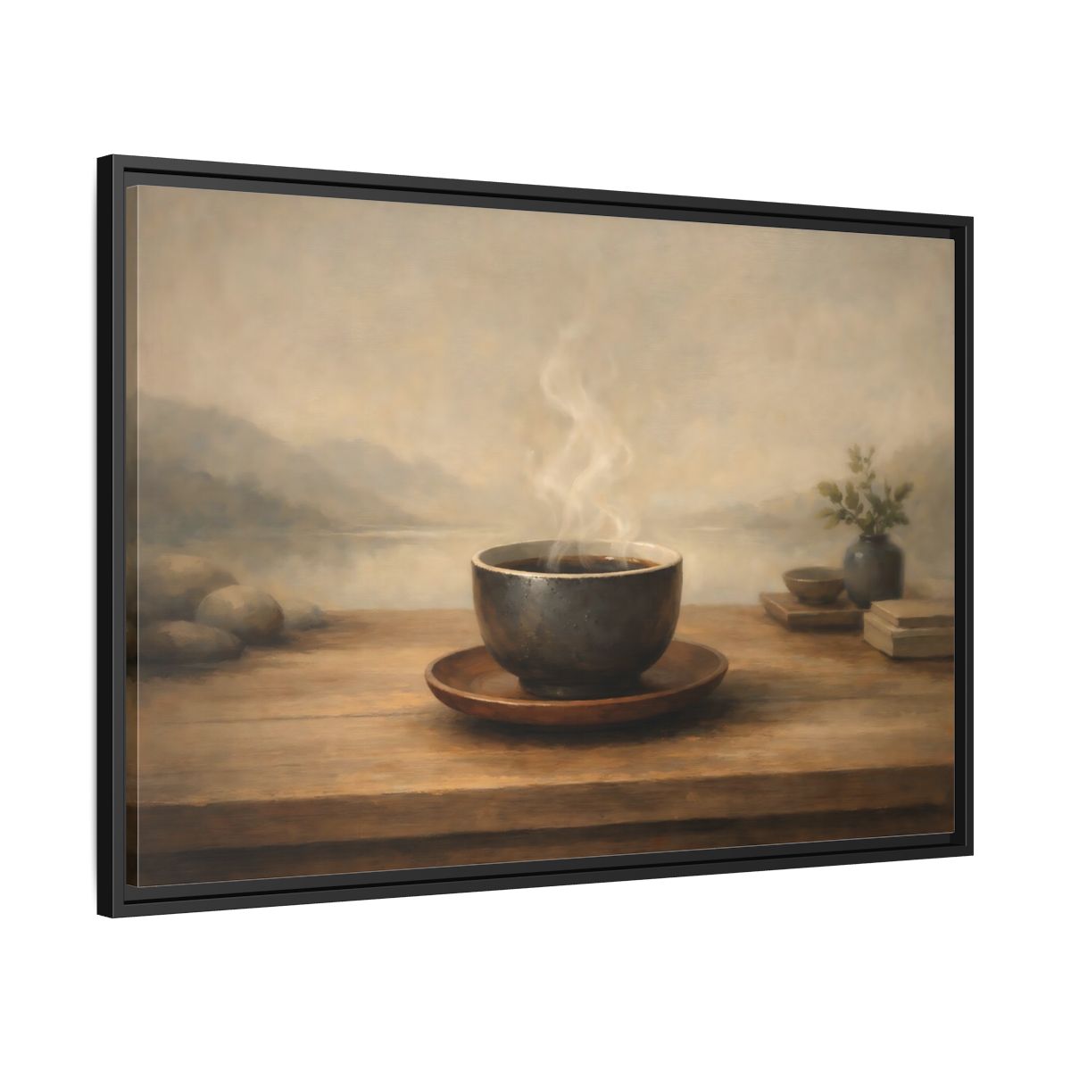 Side Mockup 13. Nature Steaming Cup Brown And Grey shown as stretched canvas wall art