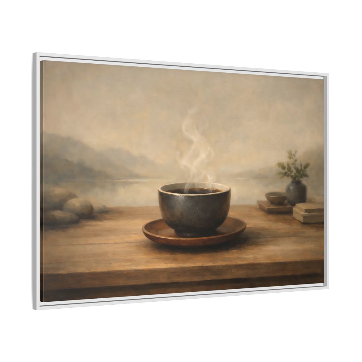 Side Mockup 7. Nature Steaming Cup Brown And Grey shown as stretched canvas wall art