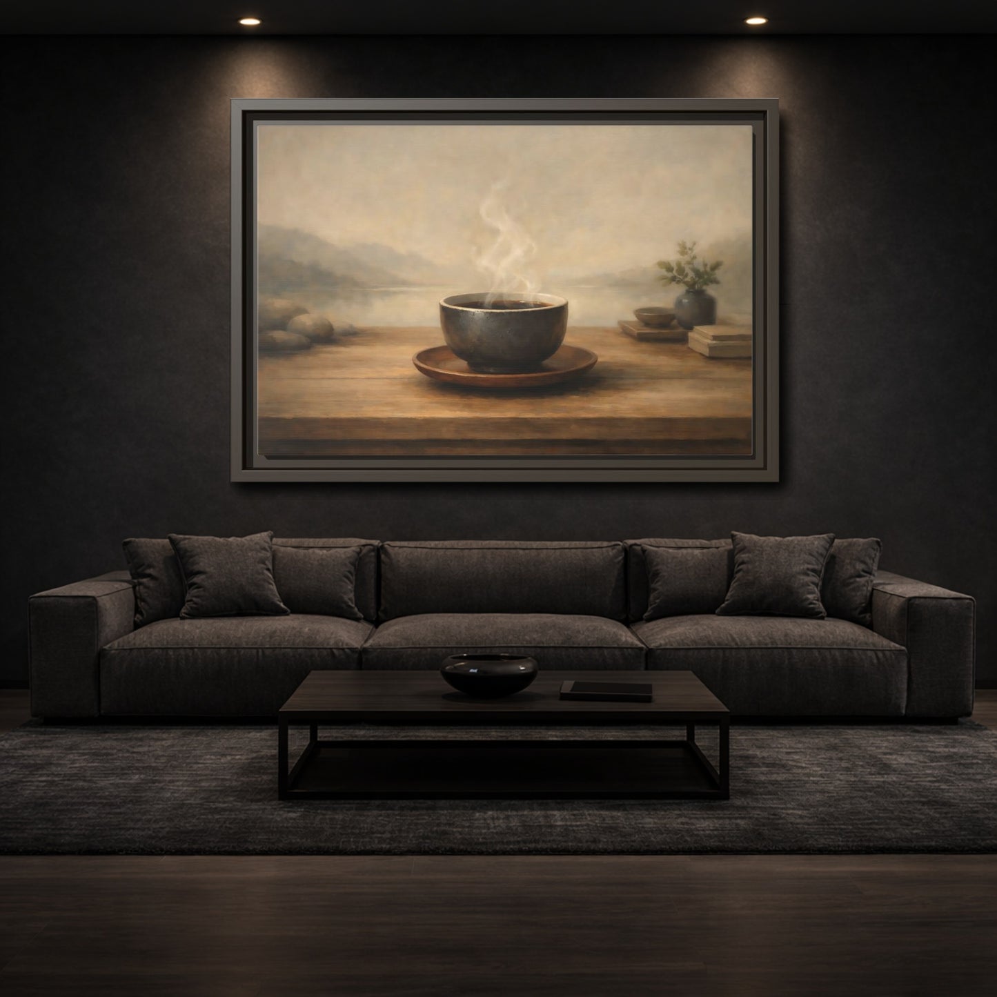 Mockup 2. Nature Steaming Cup Brown And Grey shown as stretched canvas wall art