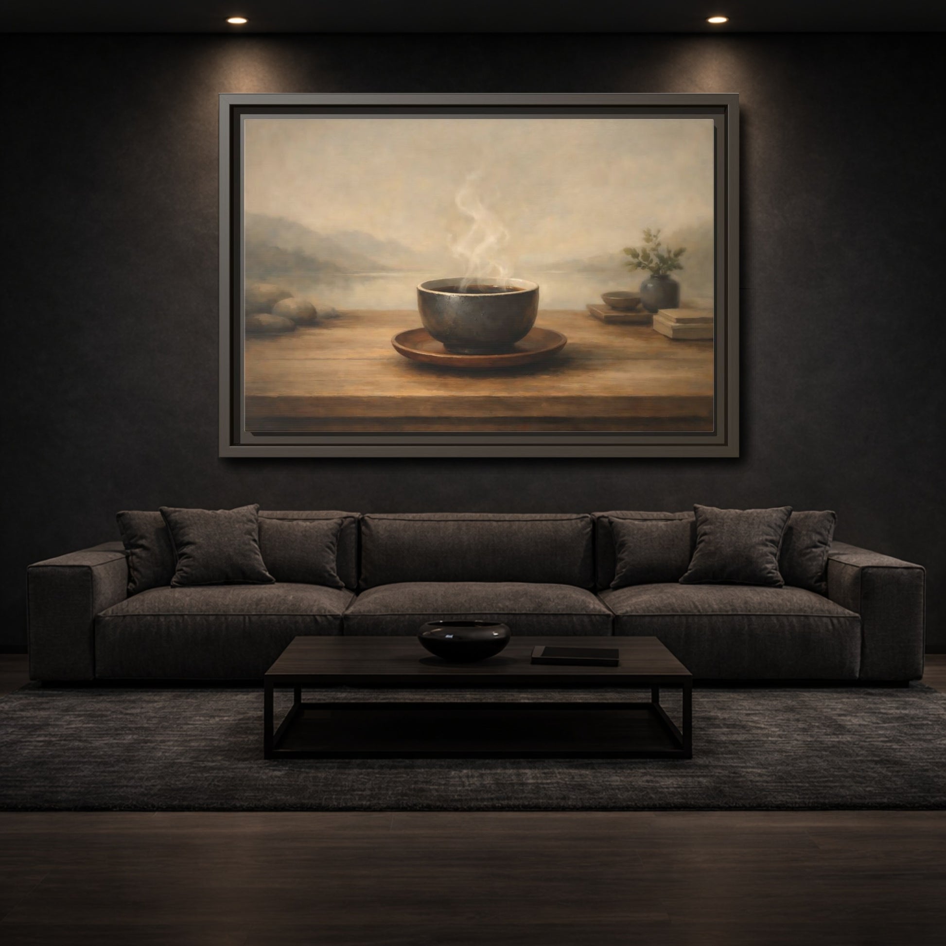 Mockup 2. Nature Steaming Cup Brown And Grey shown as stretched canvas wall art