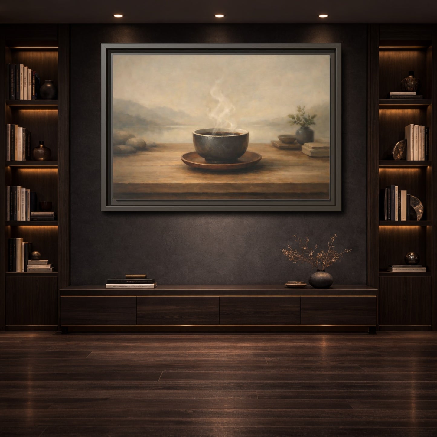 Mockup 3. Nature Steaming Cup Brown And Grey shown as stretched canvas wall art