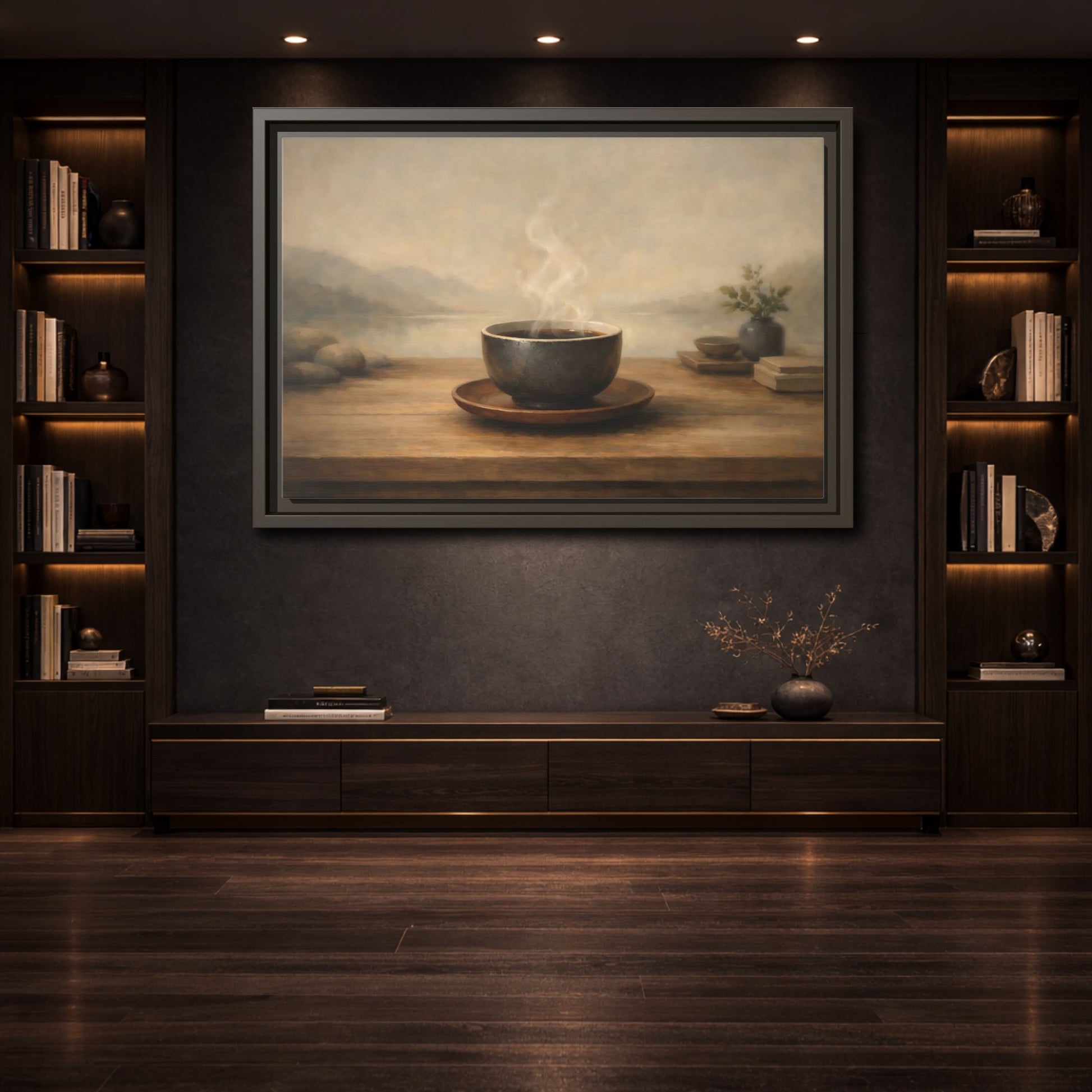 Mockup 3. Nature Steaming Cup Brown And Grey shown as stretched canvas wall art