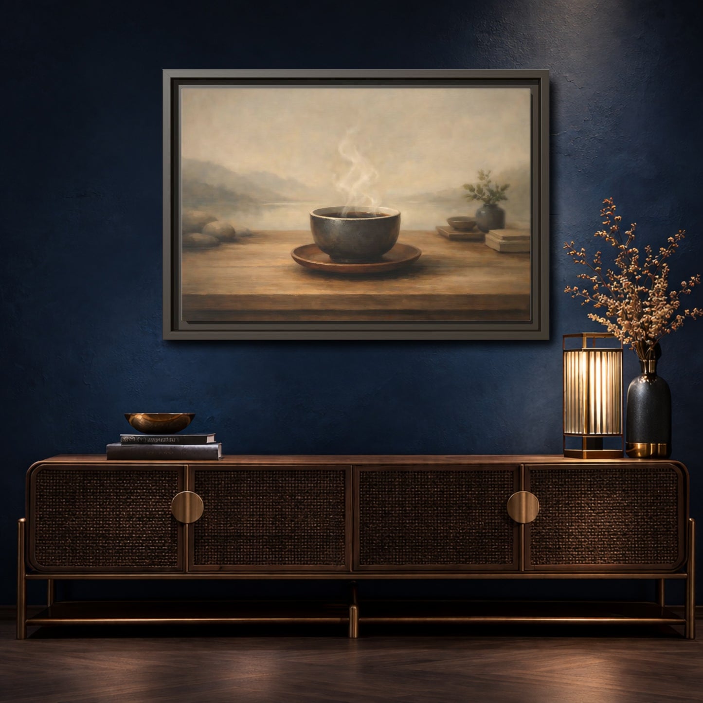 Mockup 4. Nature Steaming Cup Brown And Grey shown as stretched canvas wall art