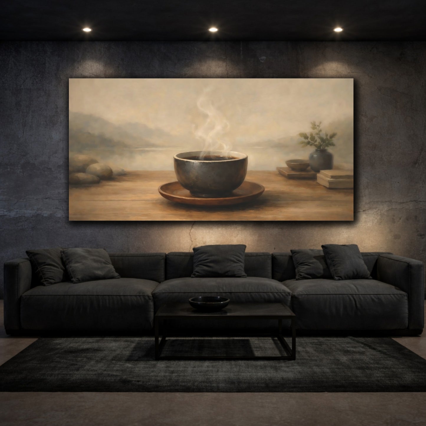 Mockup 2. Nature Steaming Cup Warm Neutral Tones shown as stretched canvas wall art