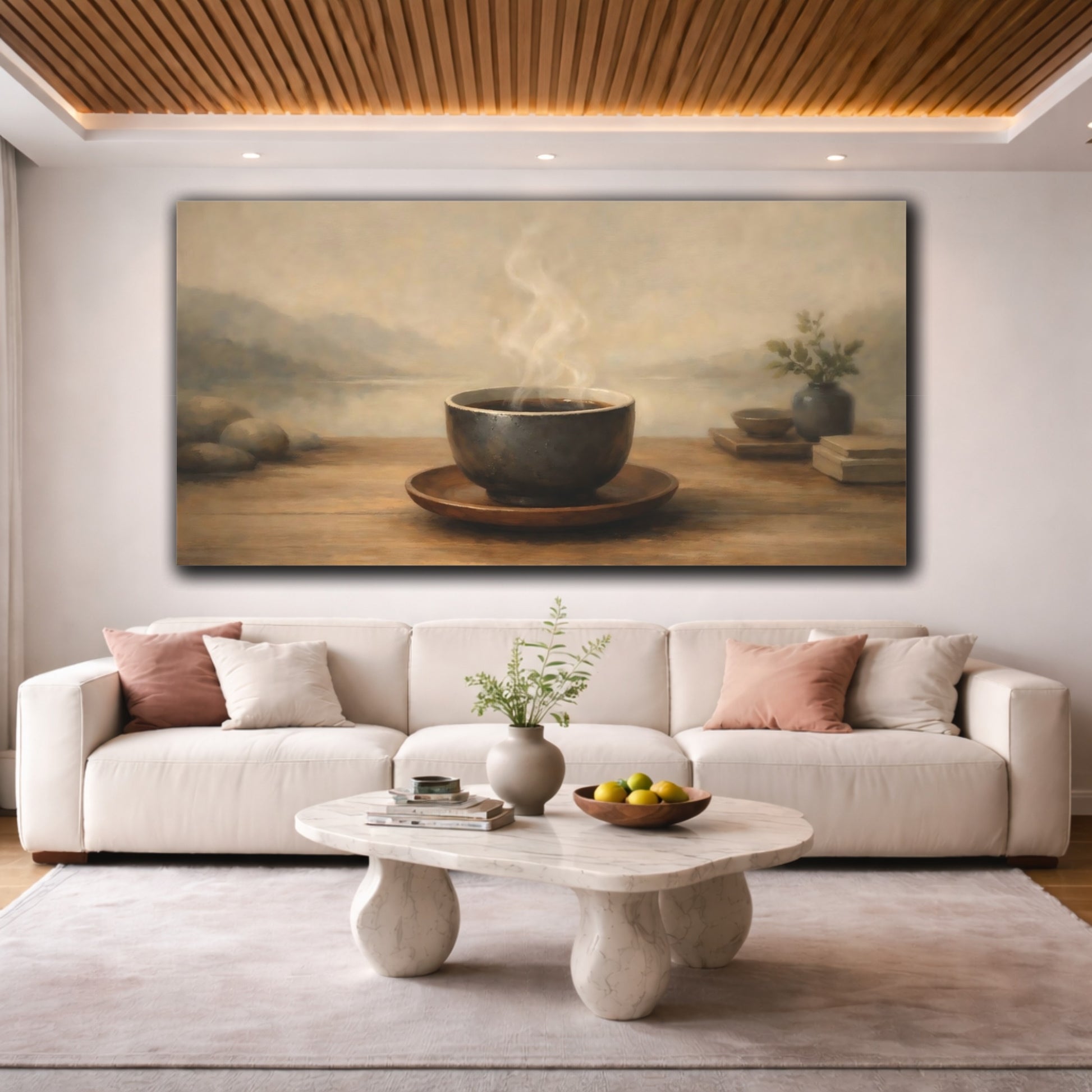 Mockup 3. Nature Steaming Cup Warm Neutral Tones shown as stretched canvas wall art