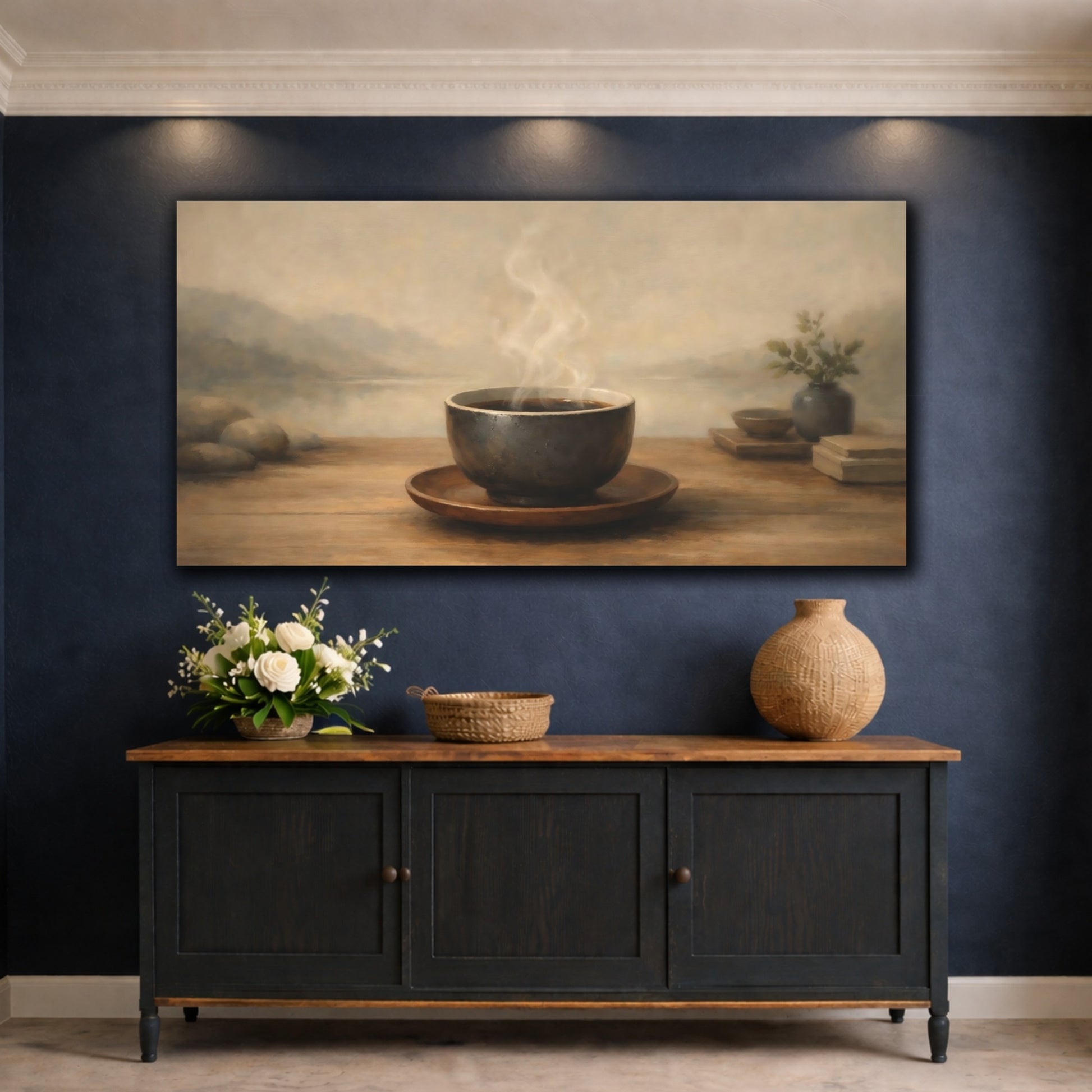 Mockup 4. Nature Steaming Cup Warm Neutral Tones shown as stretched canvas wall art