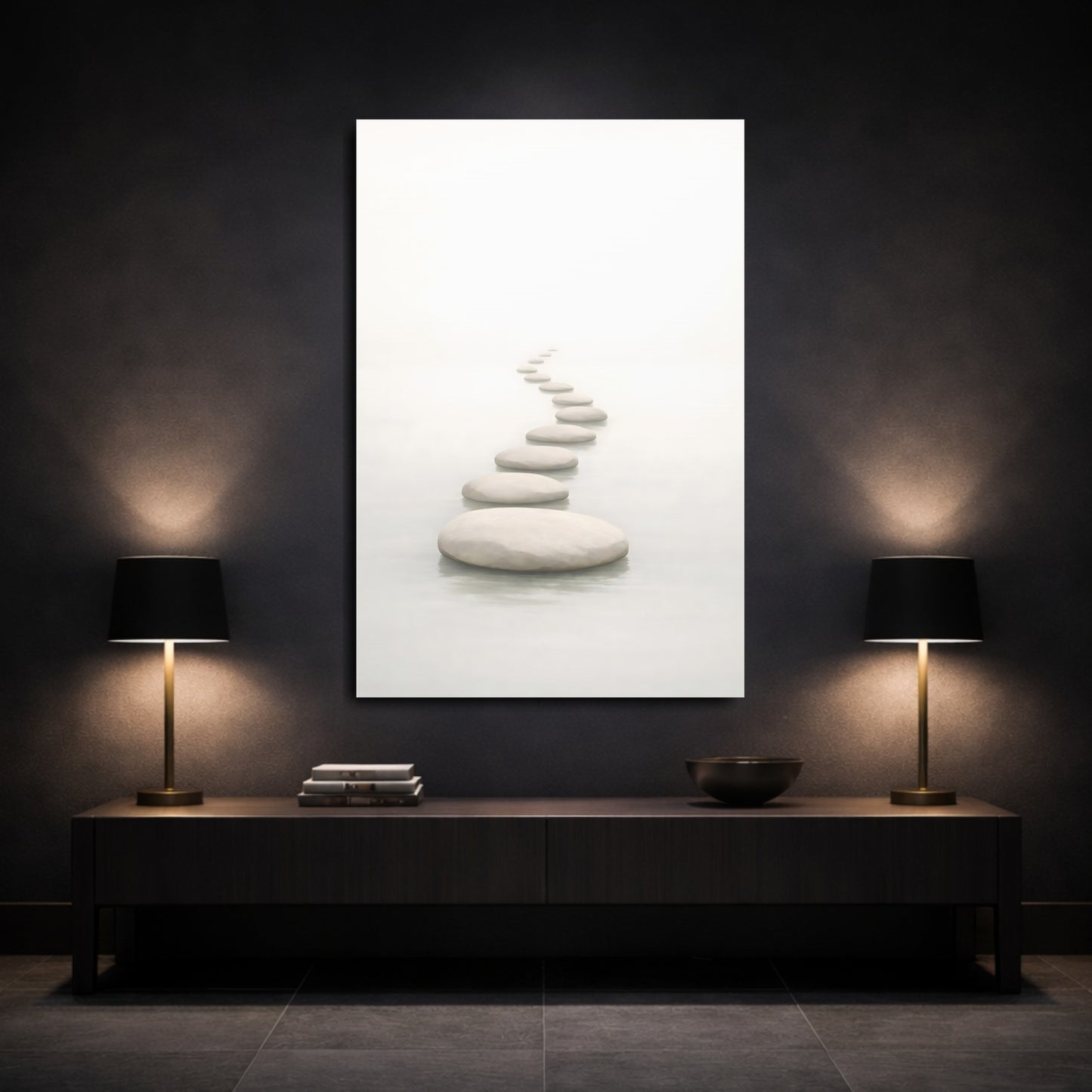 Nature Stepping Stones White And Grey shown as front canvas room wall art