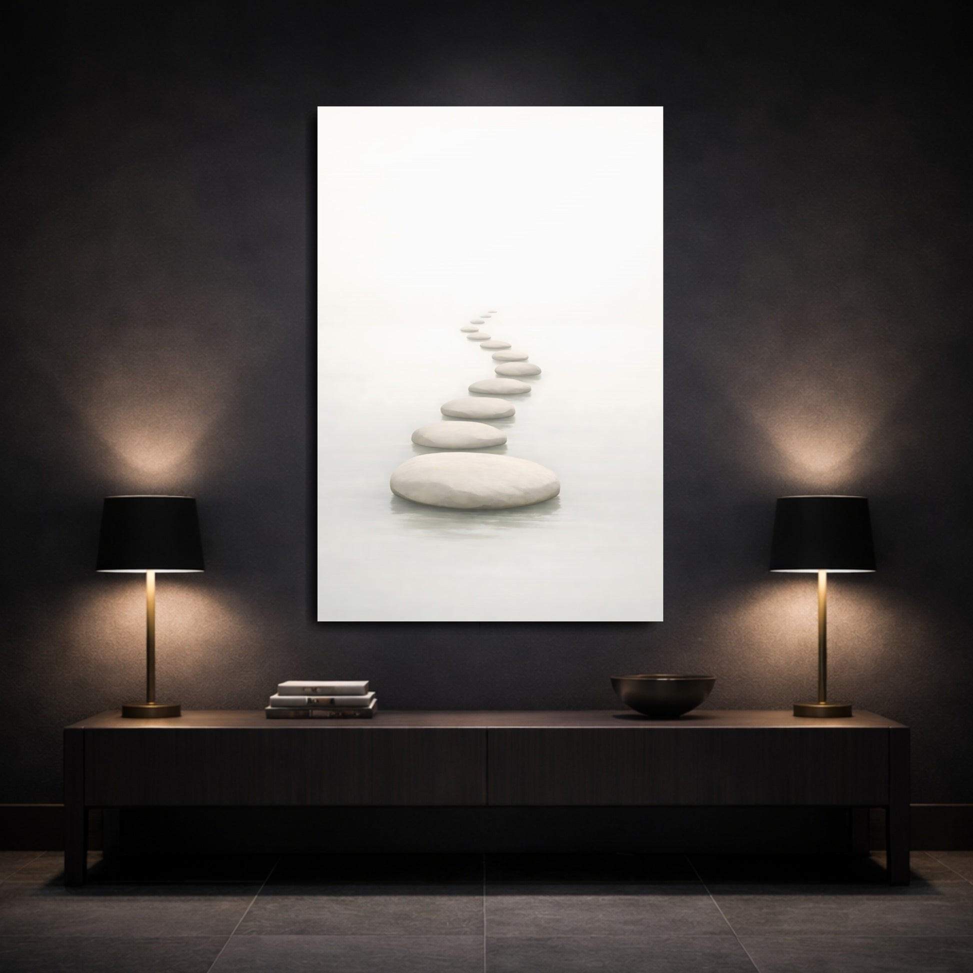 Nature Stepping Stones White And Grey shown as front canvas room wall art