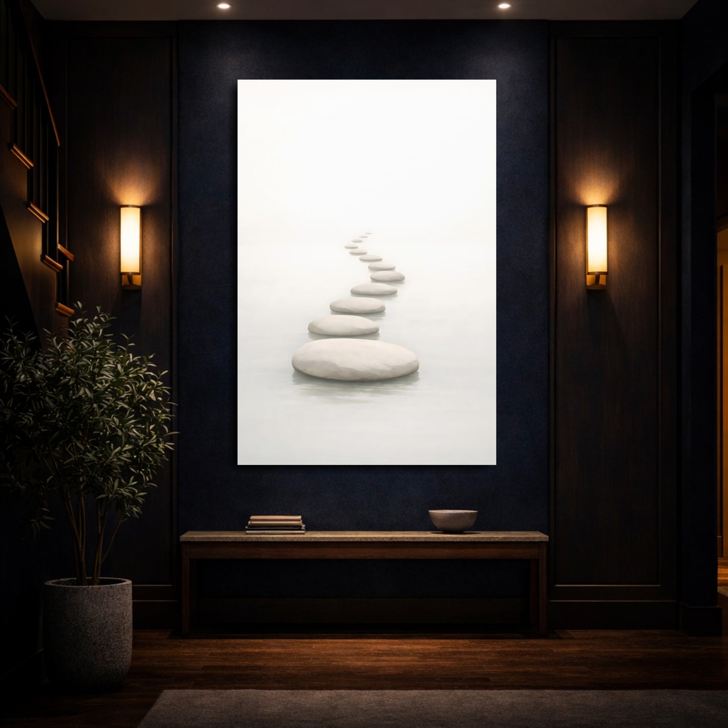 Nature Stepping Stones White And Grey shown as front canvas room wall art