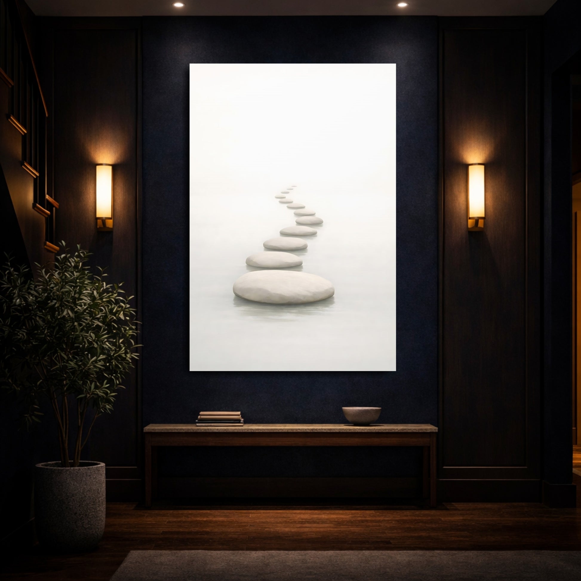 Nature Stepping Stones White And Grey shown as front canvas room wall art