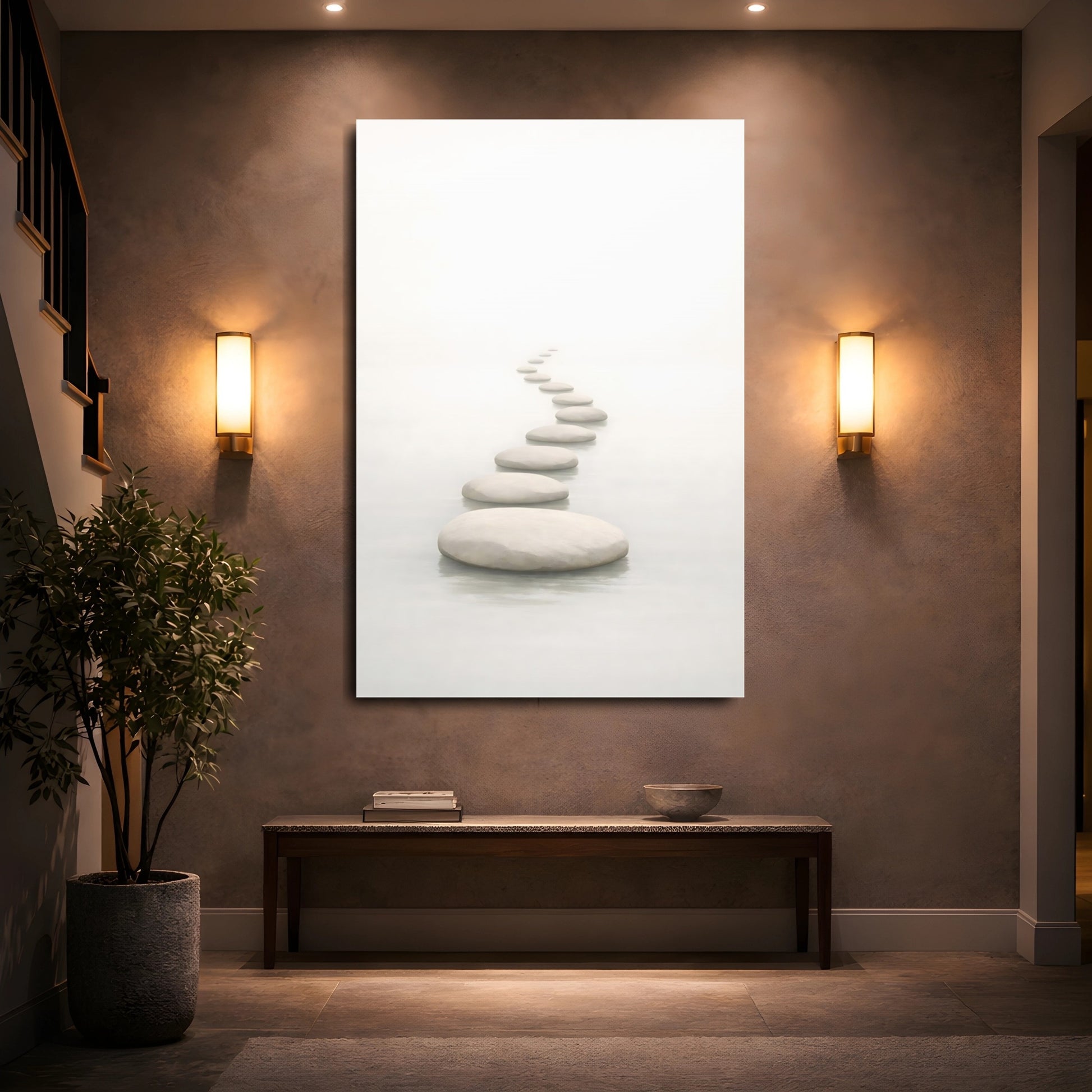 Nature Stepping Stones White And Grey shown as front canvas room wall art