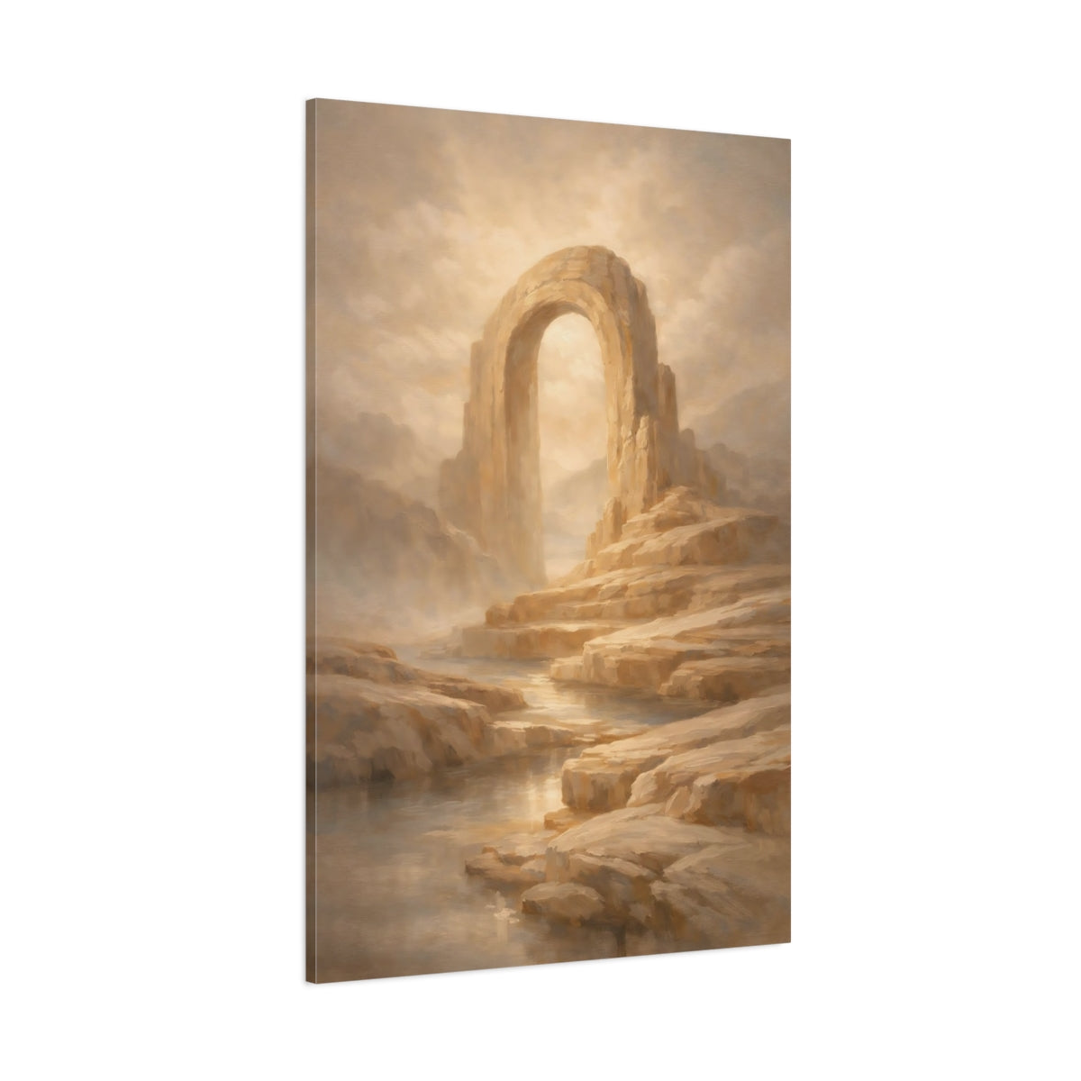 Main Mockup. Nature Stone Arch Beige And Gold shown as stretched canvas wall art