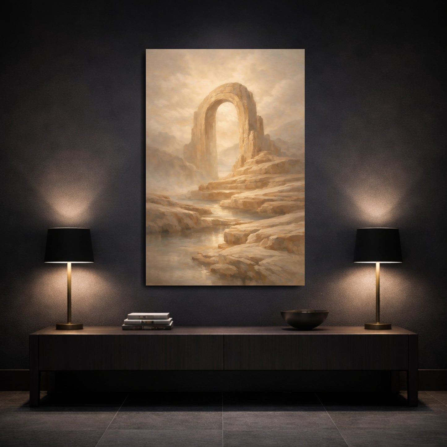 Mockup 2. Nature Stone Arch Beige And Gold shown as stretched canvas wall art
