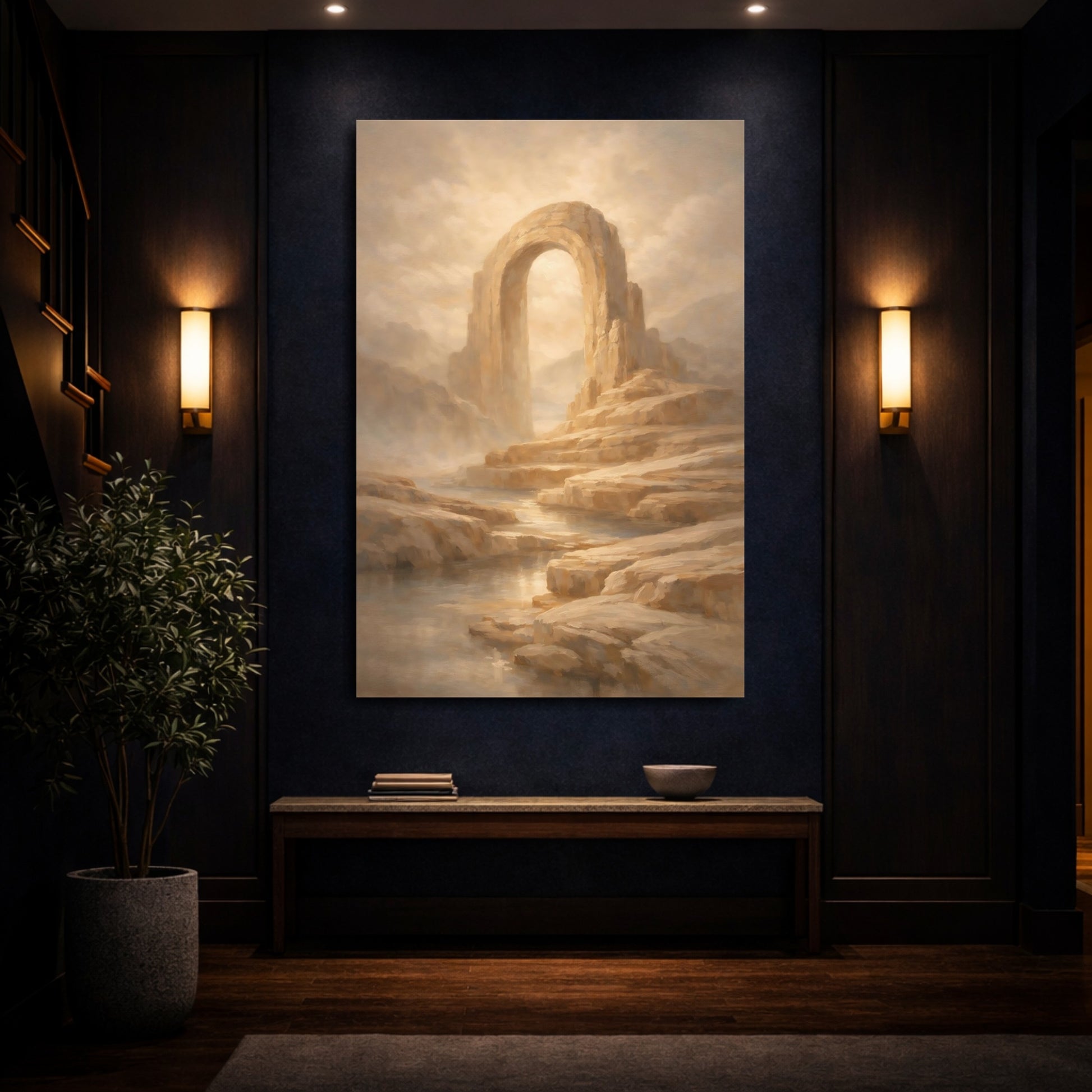 Mockup 3. Nature Stone Arch Beige And Gold shown as stretched canvas wall art