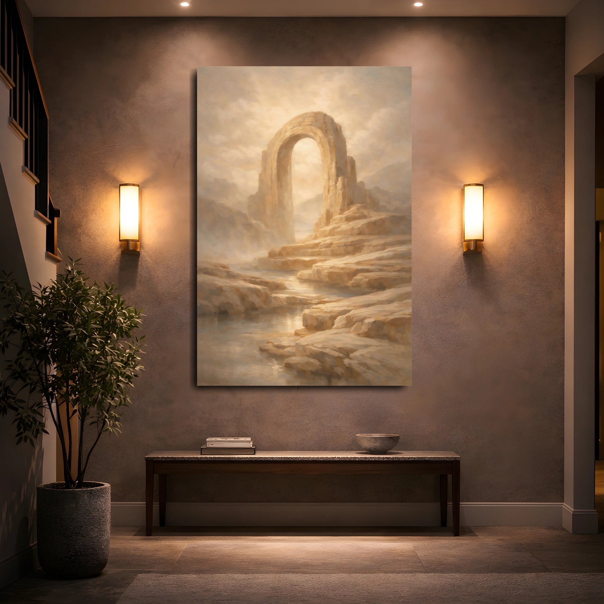 Mockup 4. Nature Stone Arch Beige And Gold shown as stretched canvas wall art