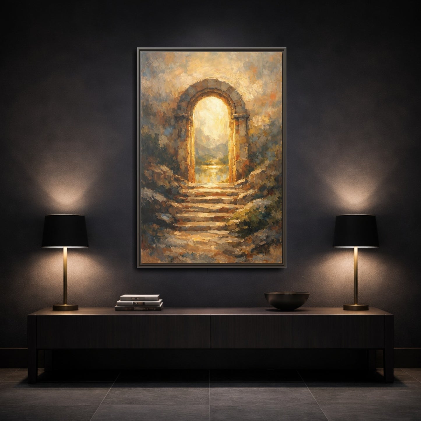 Mockup 2. Nature Stone Archway Golden Archway shown as stretched canvas wall art
