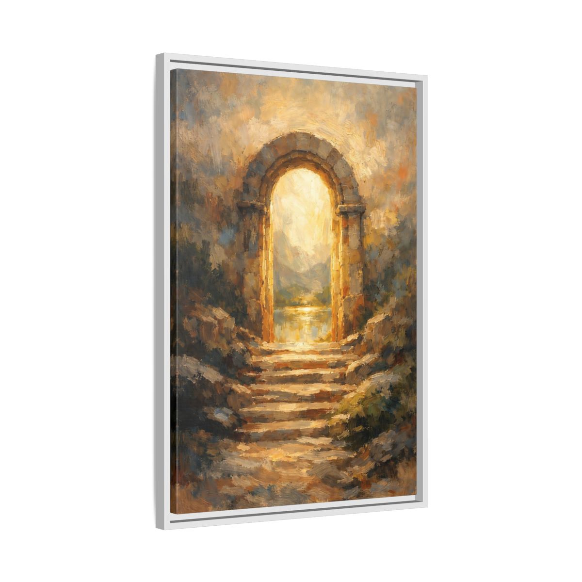 Side Mockup 11. Nature Stone Archway Golden Archway shown as stretched canvas wall art