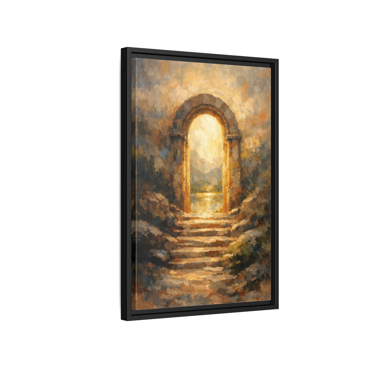 Side Mockup 3. Nature Stone Archway Golden Archway shown as stretched canvas wall art