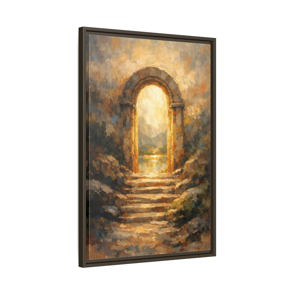 Side Mockup 12. Nature Stone Archway Golden Archway shown as stretched canvas wall art