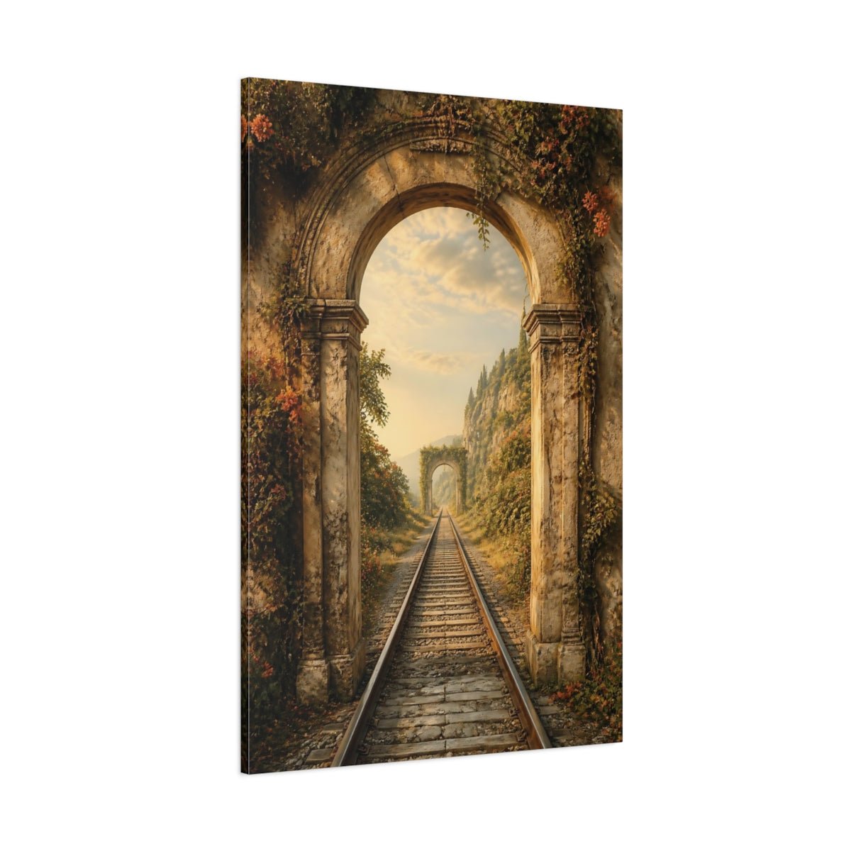 Nature Stone Archway Golden Overgrown Arch Canvas Wall Art Print – Fantasy Living Room, Above Fireplace - YesArtYes