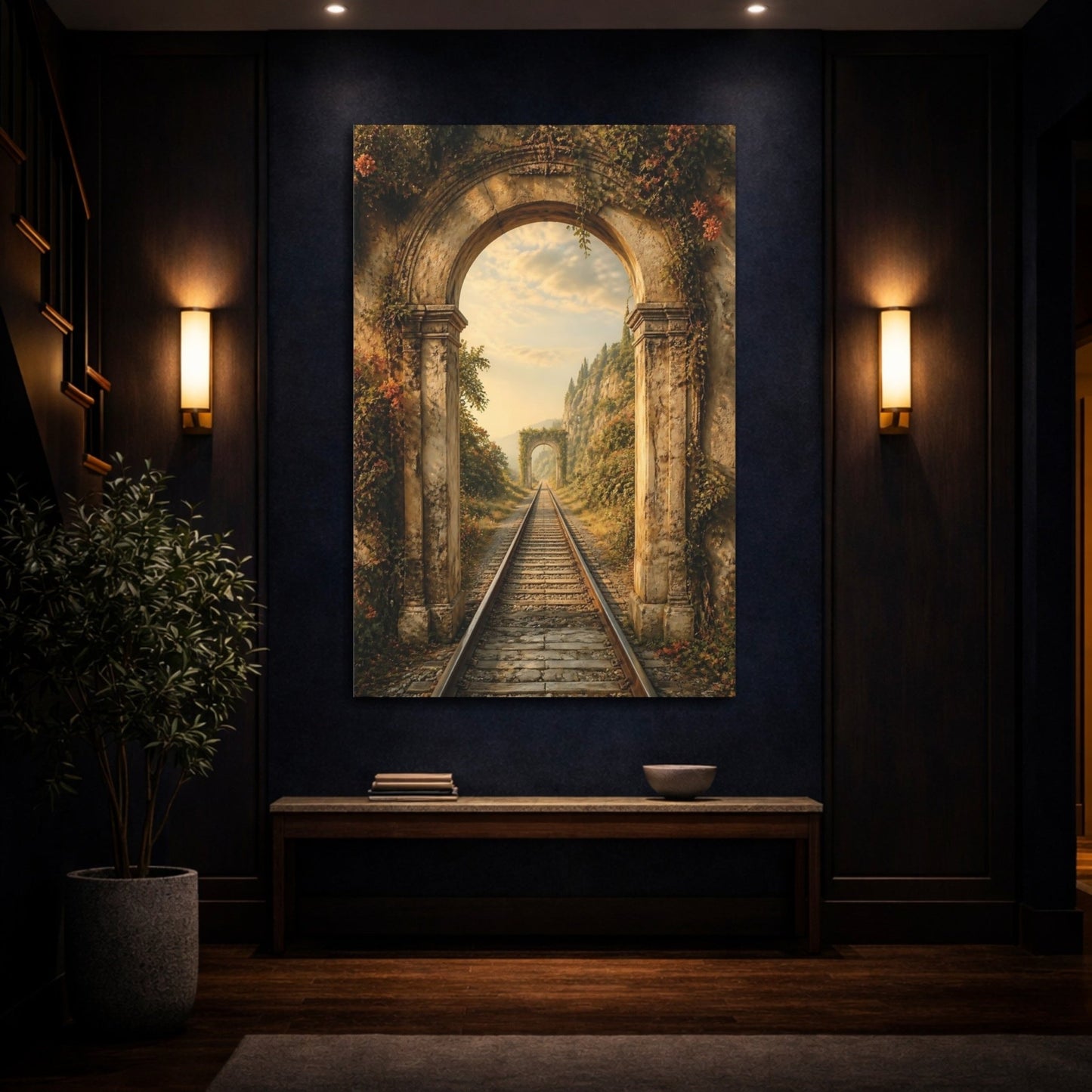 Nature Stone Archway Golden Overgrown Arch Canvas Wall Art Print – Fantasy Living Room, Above Fireplace - YesArtYes