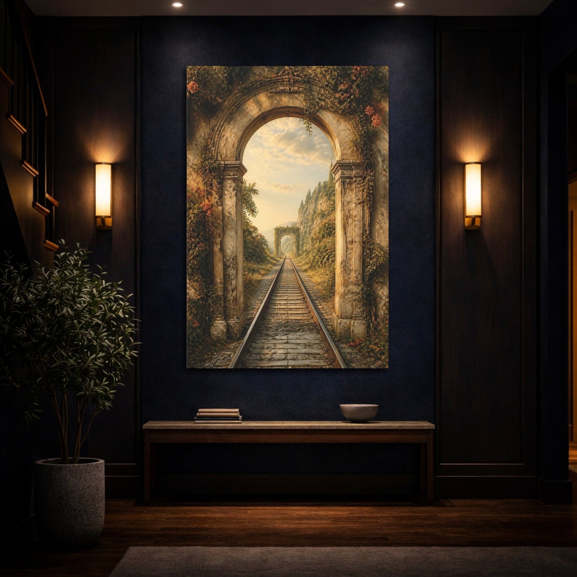 Nature Stone Archway Golden Overgrown Arch Canvas Wall Art Print – Fantasy Living Room, Above Fireplace - YesArtYes