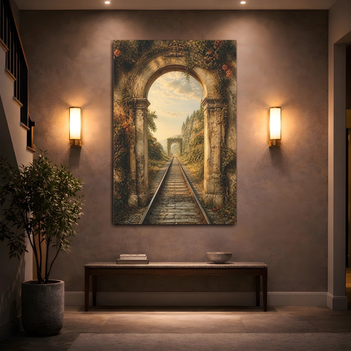 Nature Stone Archway Golden Overgrown Arch Canvas Wall Art Print – Fantasy Living Room, Above Fireplace - YesArtYes