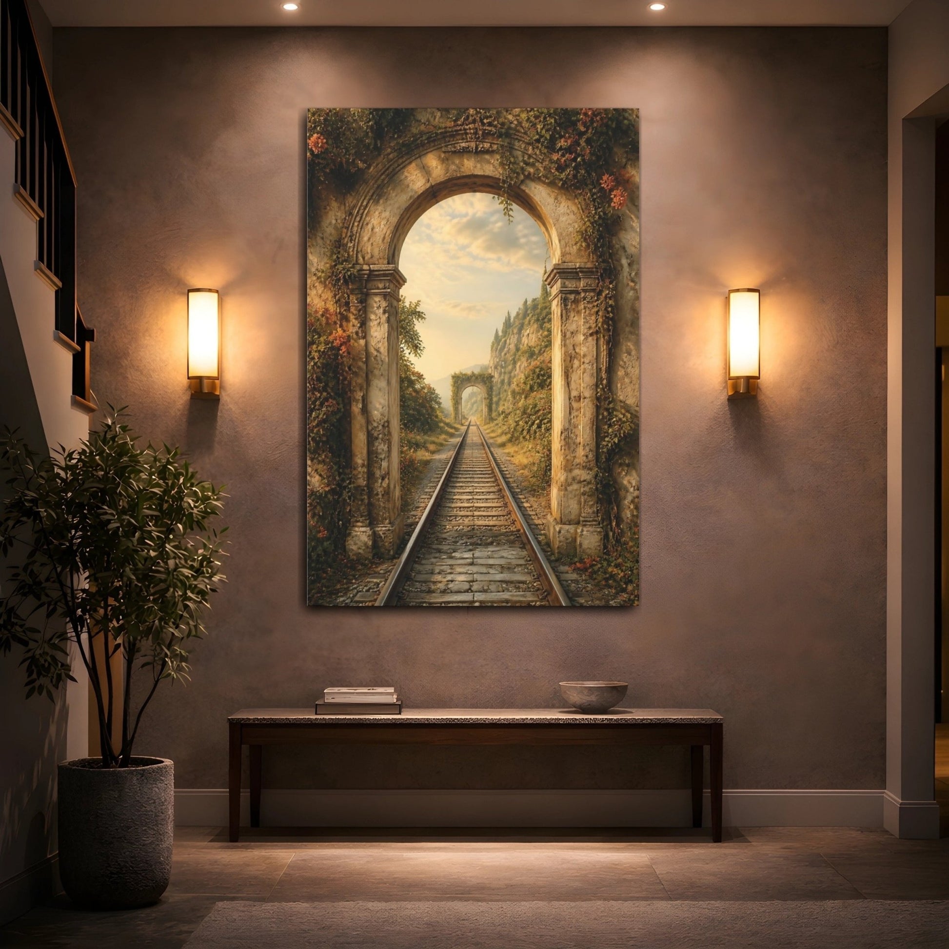 Nature Stone Archway Golden Overgrown Arch Canvas Wall Art Print – Fantasy Living Room, Above Fireplace - YesArtYes