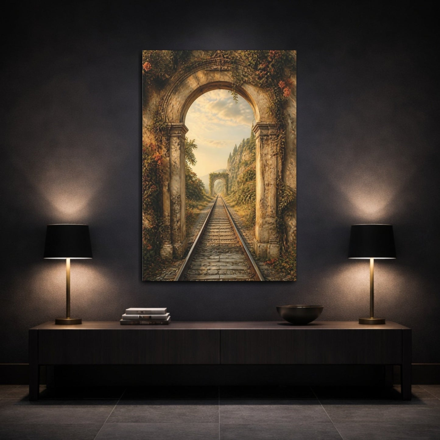 Nature Stone Archway Golden Overgrown Arch Canvas Wall Art Print – Fantasy Living Room, Above Fireplace - YesArtYes