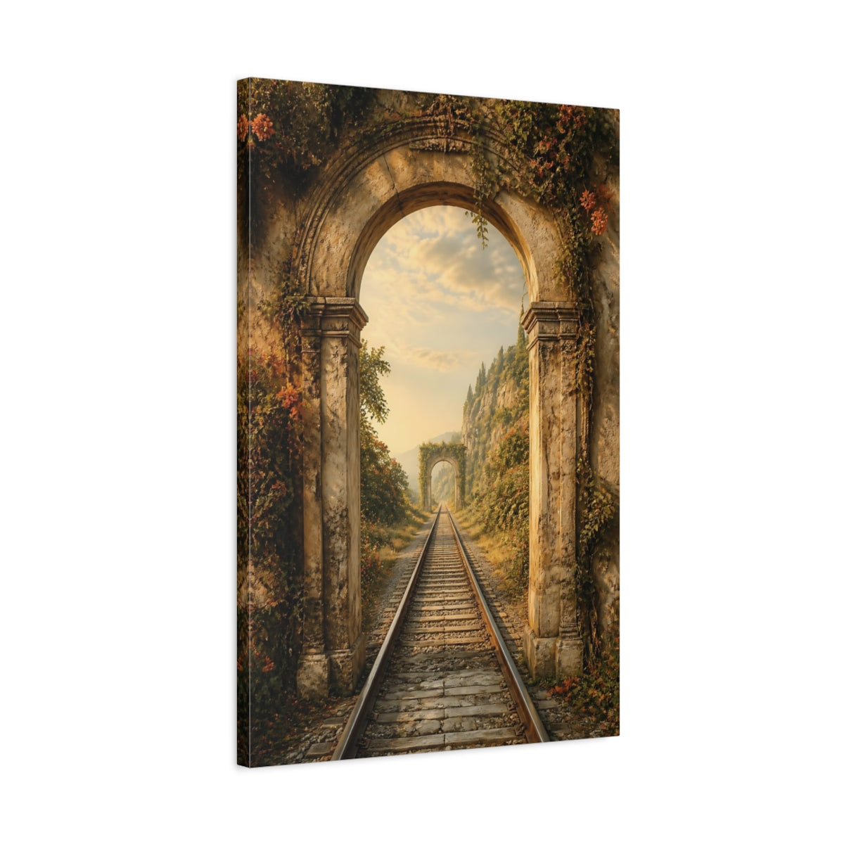 Side Mockup 2. Nature Stone Archway Golden Overgrown Arch shown as stretched canvas wall art
