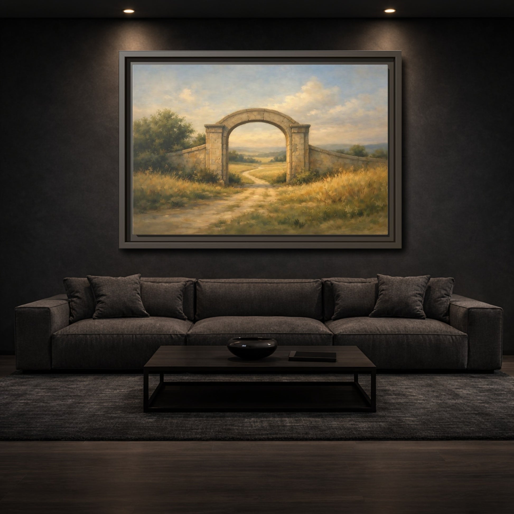 Mockup 2. Nature Stone Archway Warm Landscape Archway shown as stretched canvas wall art