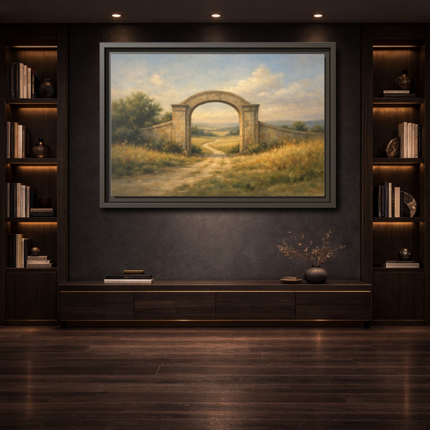 Mockup 3. Nature Stone Archway Warm Landscape Archway shown as stretched canvas wall art