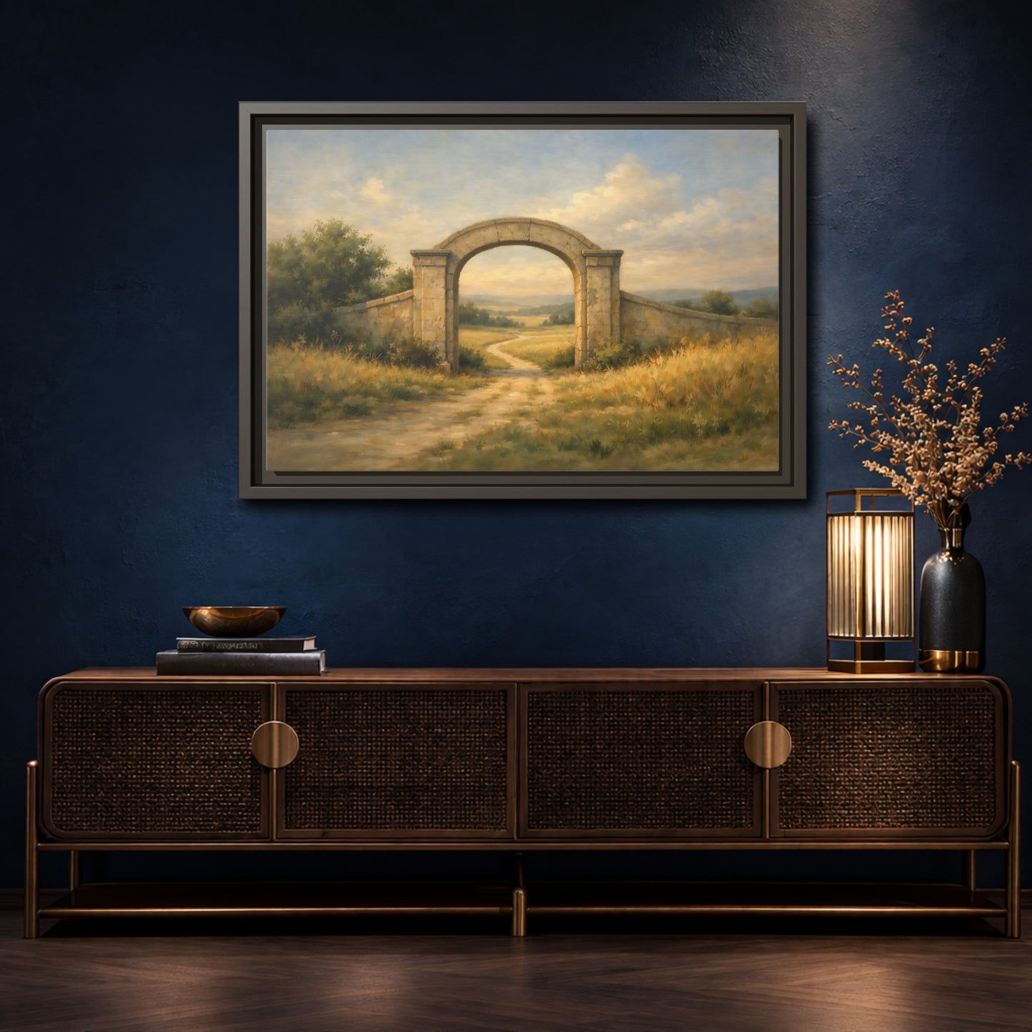 Mockup 4. Nature Stone Archway Warm Landscape Archway shown as stretched canvas wall art