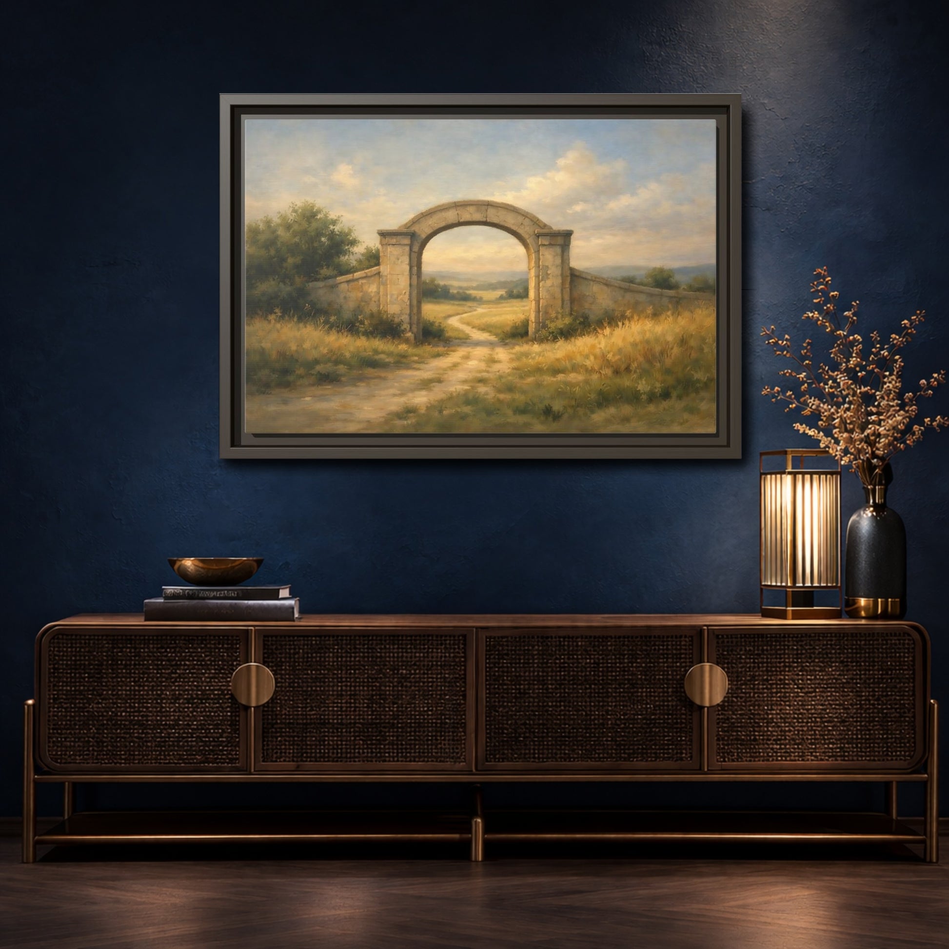 Mockup 4. Nature Stone Archway Warm Landscape Archway shown as stretched canvas wall art
