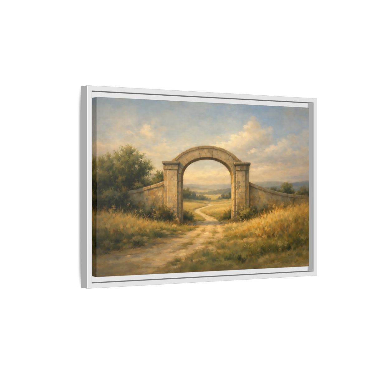 Side Mockup 1. Nature Stone Archway Warm Landscape Archway shown as stretched canvas wall art