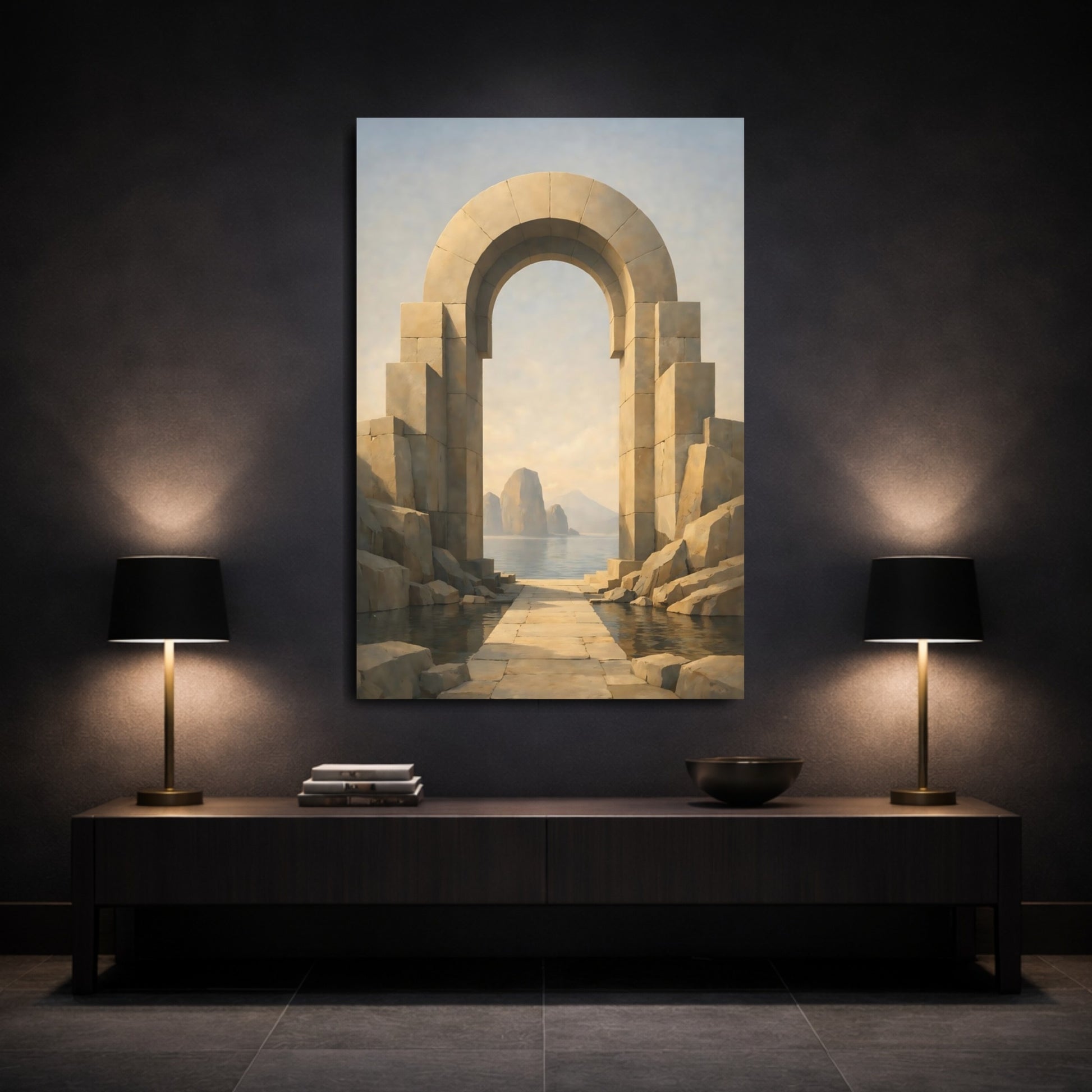 Nature Stone Archway Warm Neutral Archway shown as front canvas room wall art