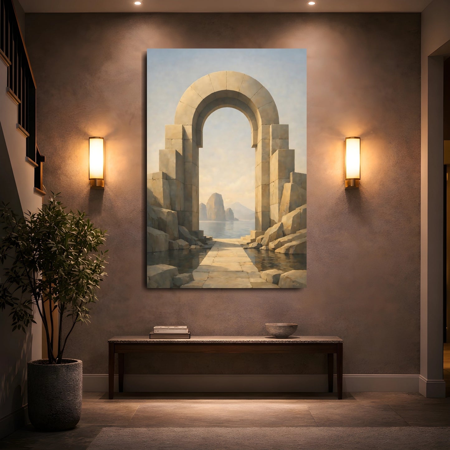 Nature Stone Archway Warm Neutral Archway shown as front canvas room wall art