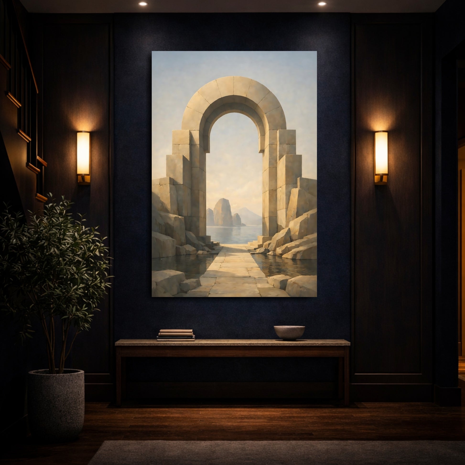 Mockup 3. Nature Stone Archway Warm Stone Arch shown as stretched canvas wall art