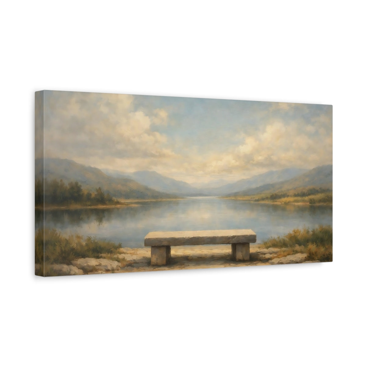 Side Mockup 3. Nature Stone Bench Calm Lake Landscape shown as stretched canvas wall art