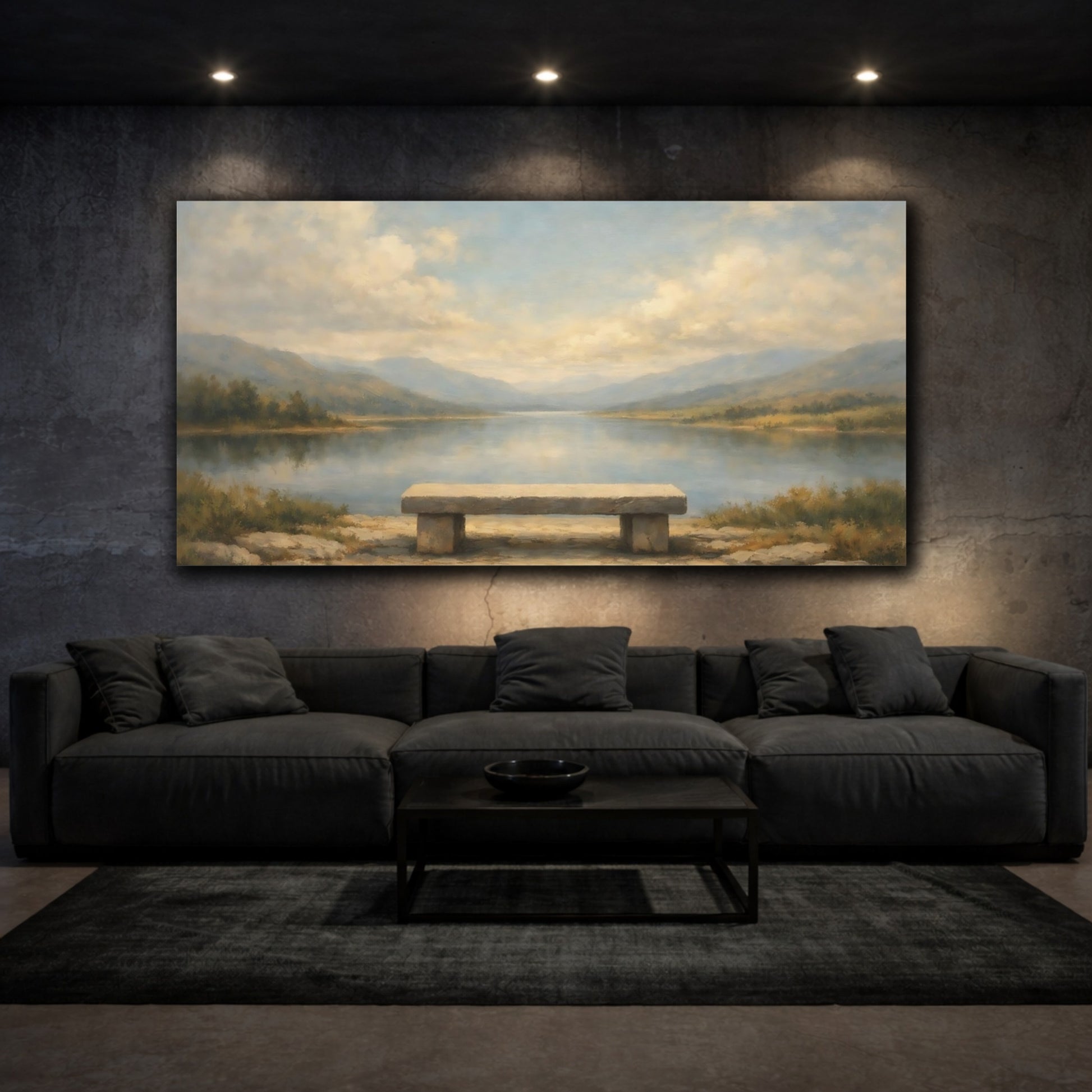 Mockup 2. Nature Stone Bench Calm Lake Landscape shown as stretched canvas wall art