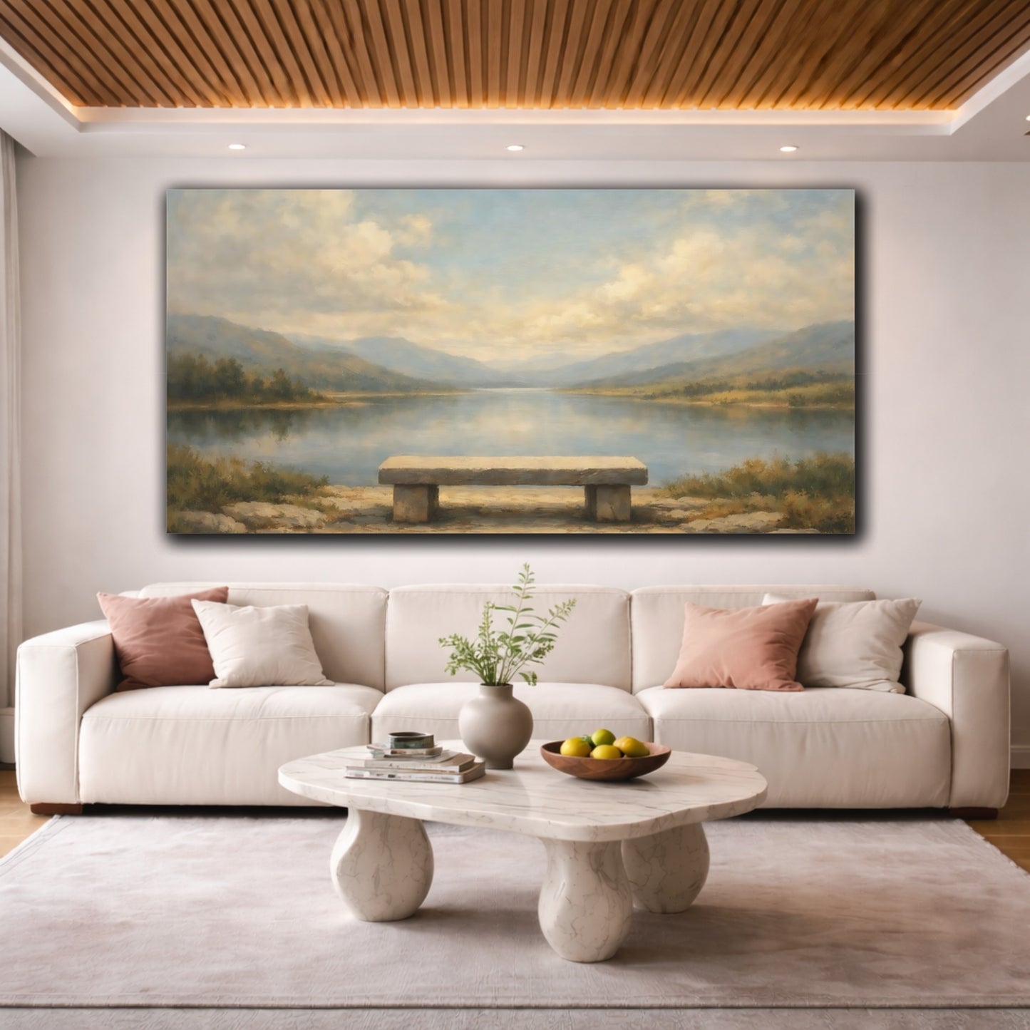 Mockup 3. Nature Stone Bench Calm Lake Landscape shown as stretched canvas wall art