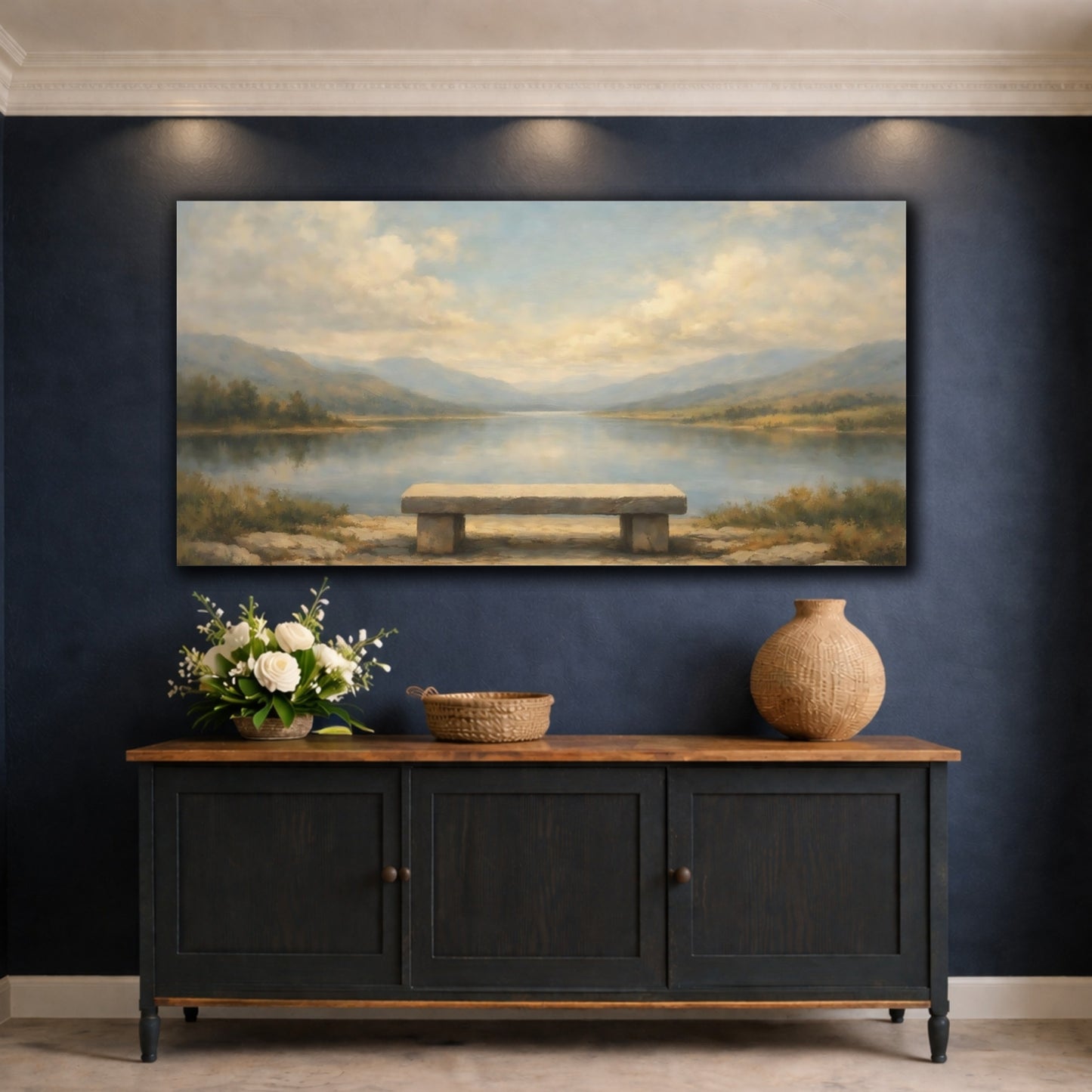 Mockup 4. Nature Stone Bench Calm Lake Landscape shown as stretched canvas wall art