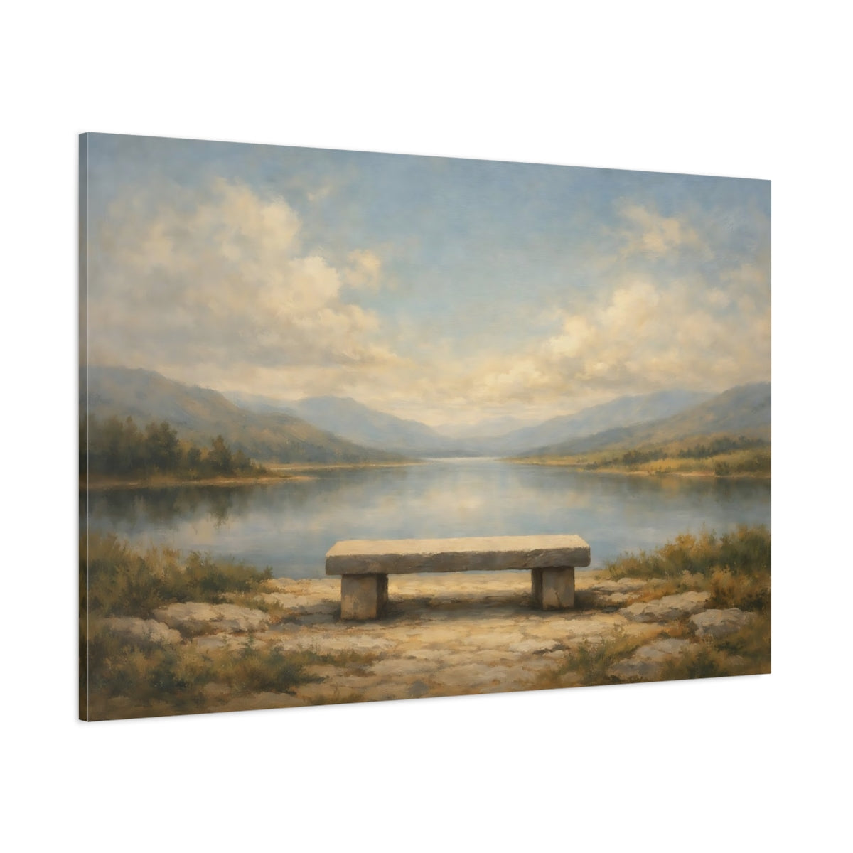 Main Mockup. Nature Stone Bench Misty Lake Bench shown as stretched canvas wall art