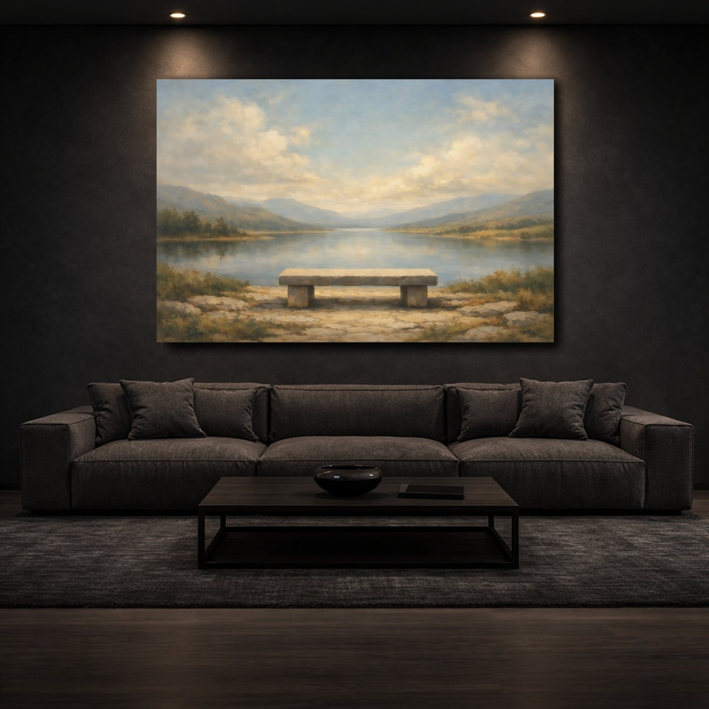 Mockup 2. Nature Stone Bench Misty Lake Bench shown as stretched canvas wall art