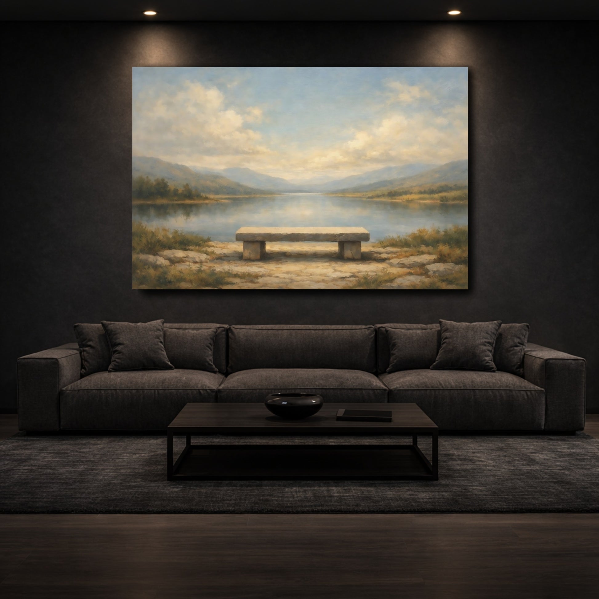 Mockup 2. Nature Stone Bench Misty Lake Bench shown as stretched canvas wall art
