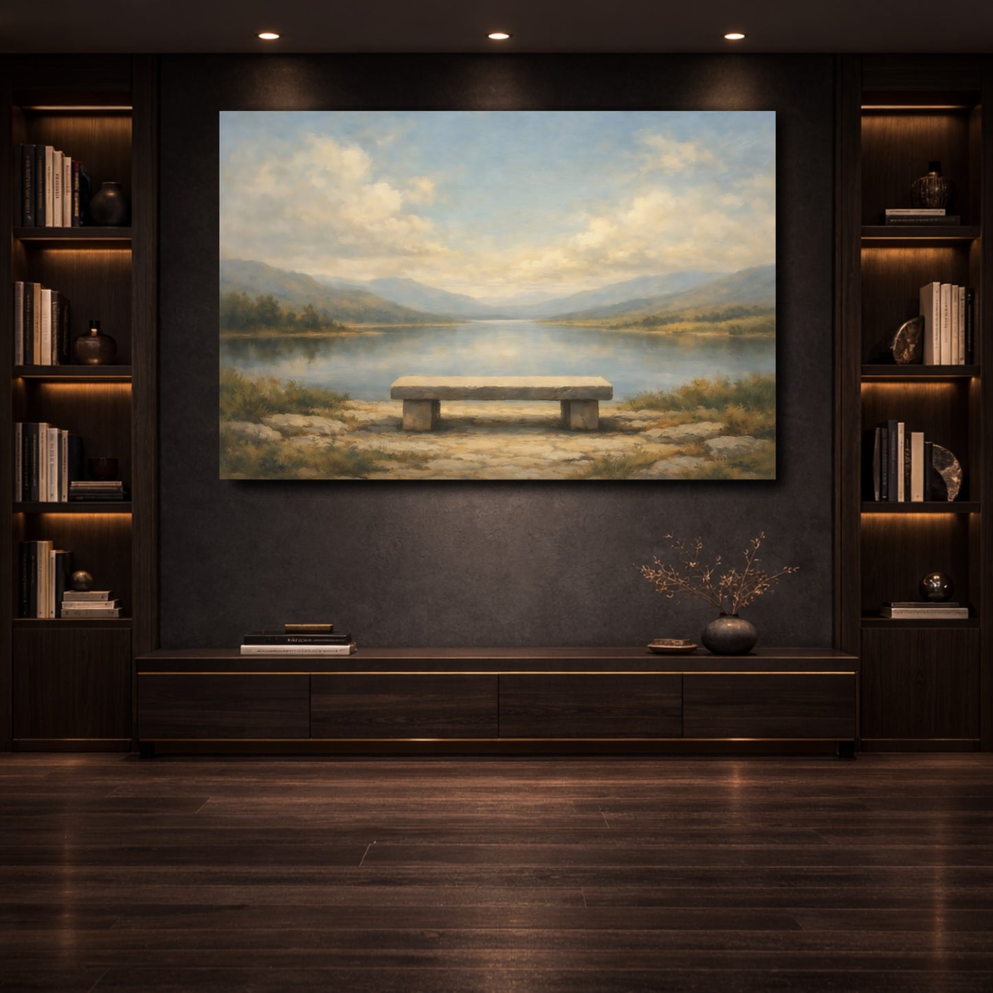 Mockup 3. Nature Stone Bench Misty Lake Bench shown as stretched canvas wall art