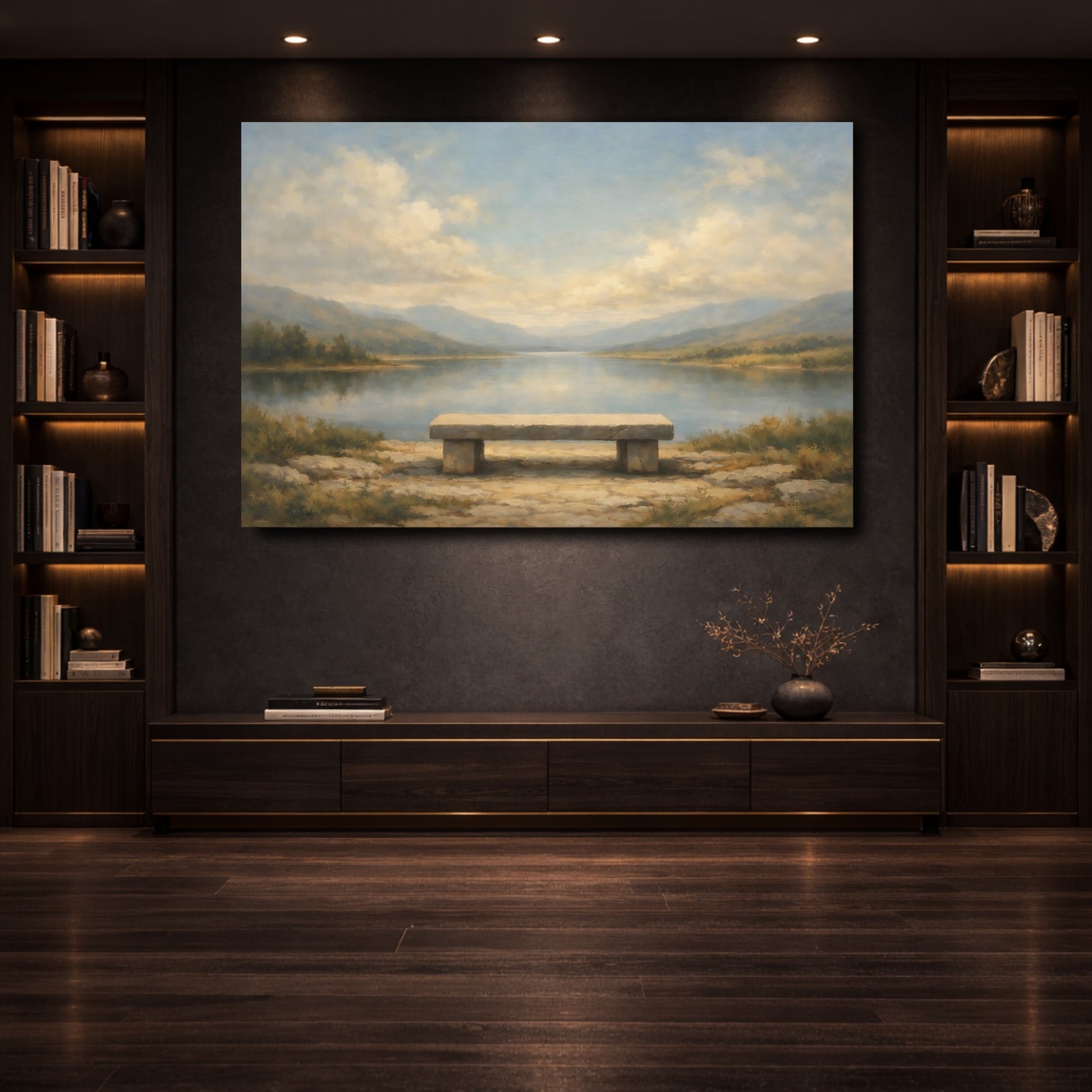 Mockup 3. Nature Stone Bench Misty Lake Bench shown as stretched canvas wall art