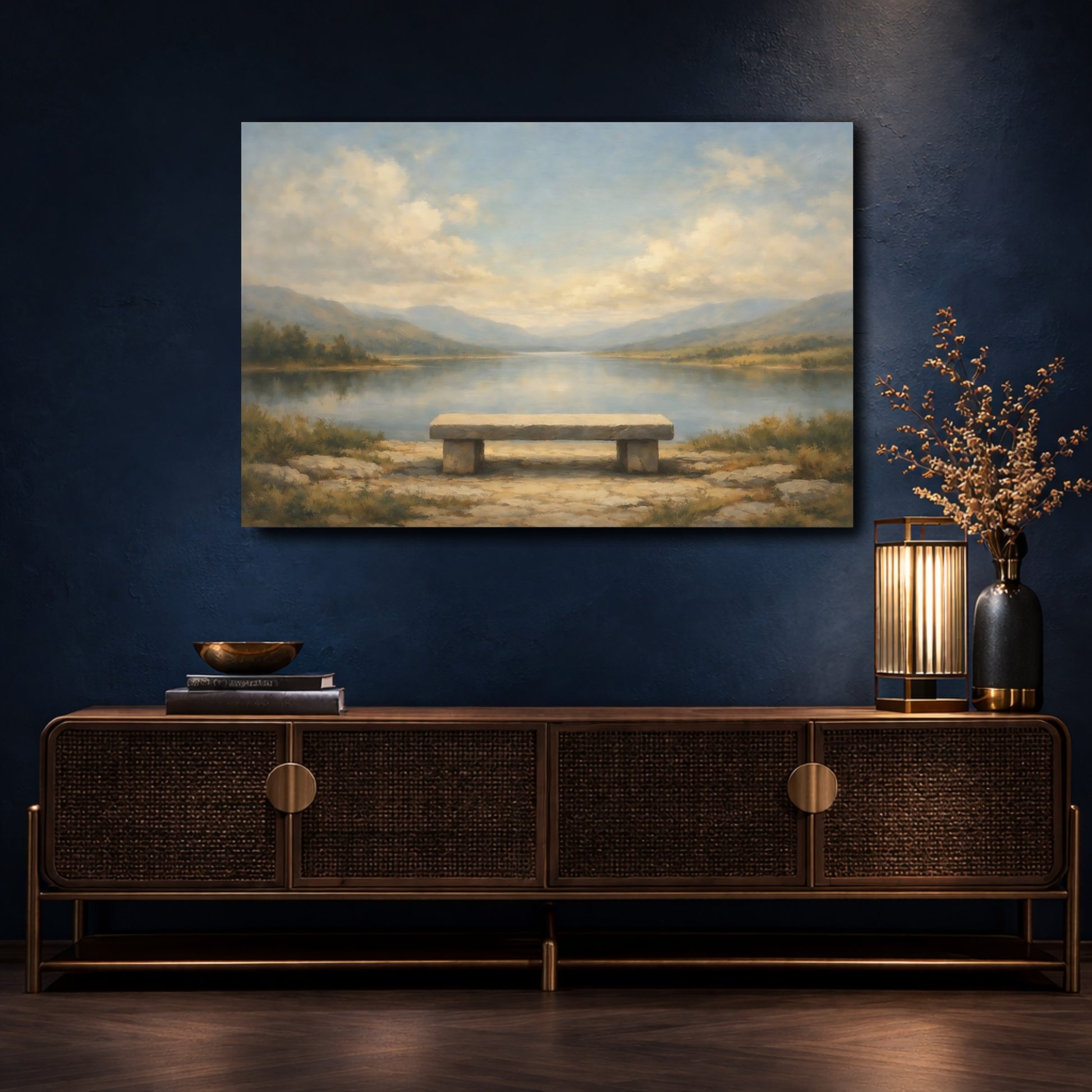 Mockup 4. Nature Stone Bench Misty Lake Bench shown as stretched canvas wall art