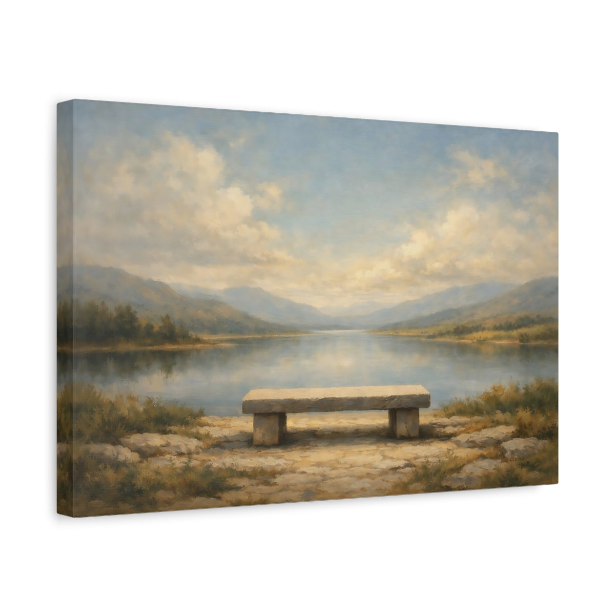 Side Mockup 4. Nature Stone Bench Misty Lake Bench shown as stretched canvas wall art