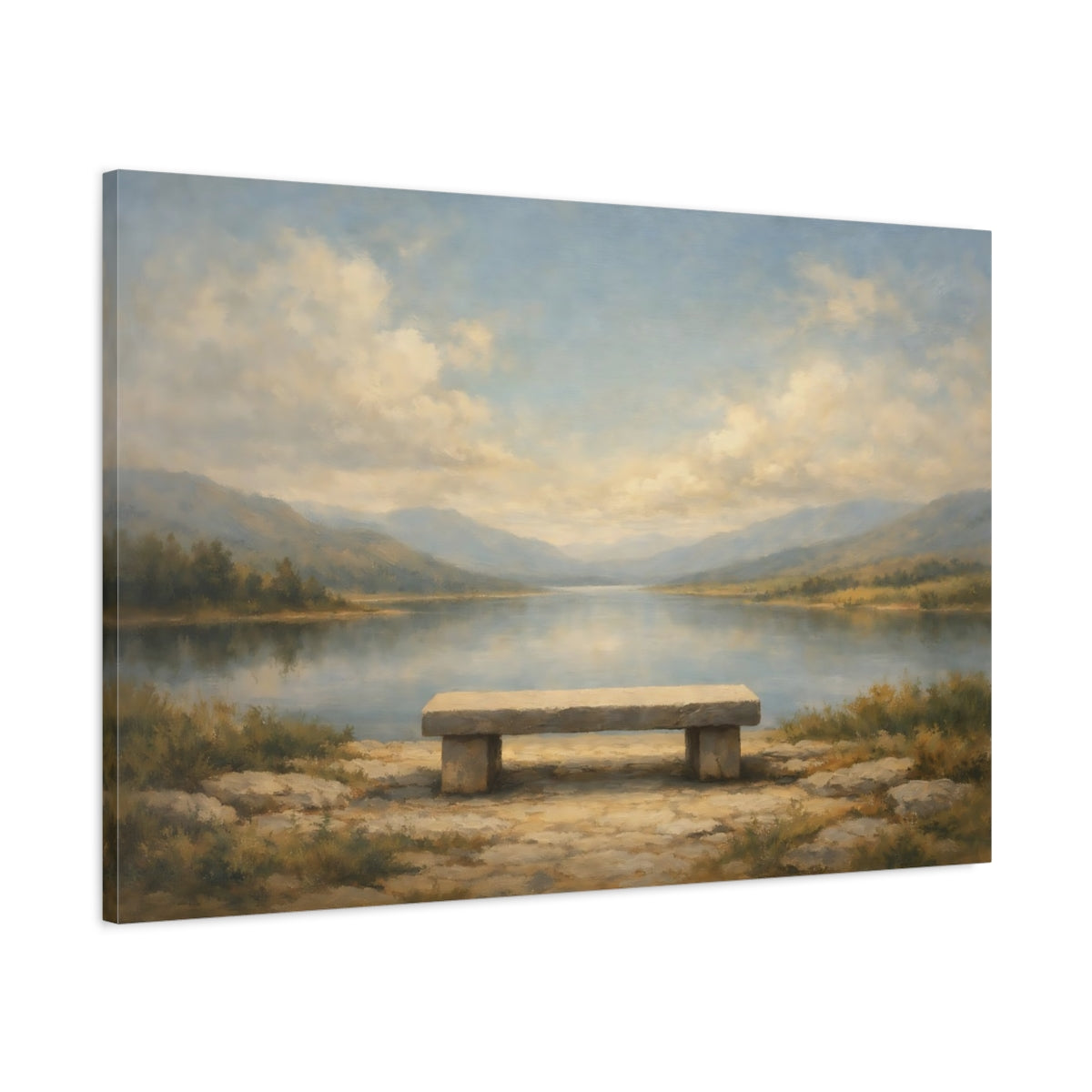 Side Mockup 1. Nature Stone Bench Misty Lake Bench shown as stretched canvas wall art